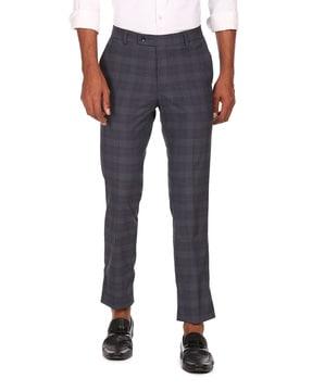 checked insert pockets flat-front pants
