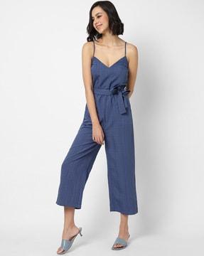 checked jumpsuit with tie-up