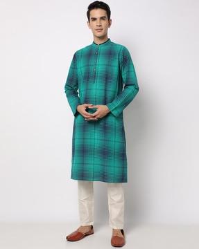 checked kurta with band collar