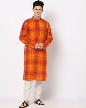 checked kurta with band collar