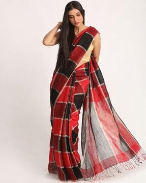 checked linen handloom saree