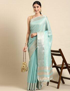 checked linen saree with tassels