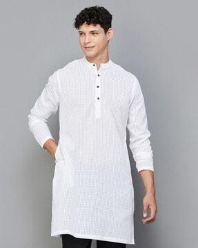 checked long kurta with band collar