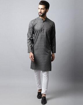 checked long kurta with mandarin collar