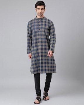 checked long kurta with mandarin collar