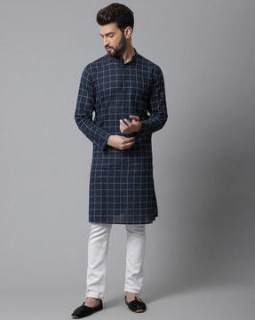 checked long kurta with mandarin collar