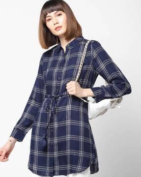 checked longline shirt with tie-up