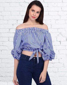 checked loose fit off-shoulder top