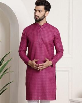 checked mandarin-collar kurta