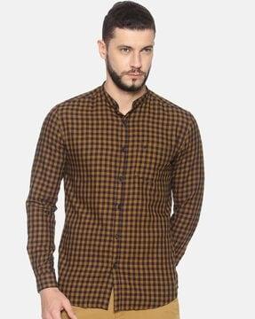 checked mandarin collar shirt