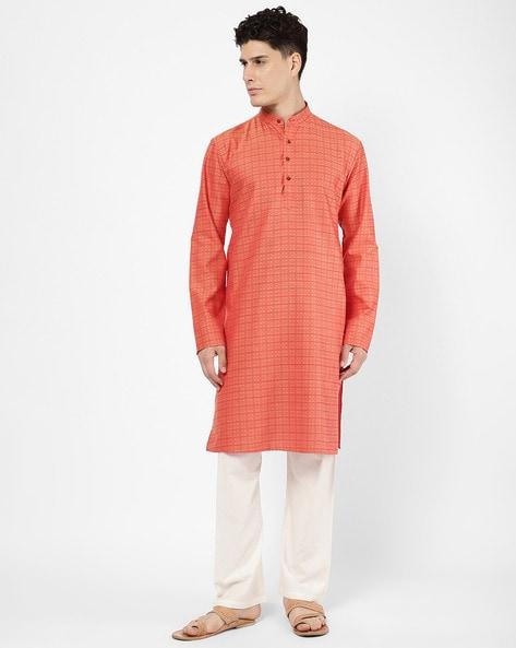 checked mandarin-collar straight kurta