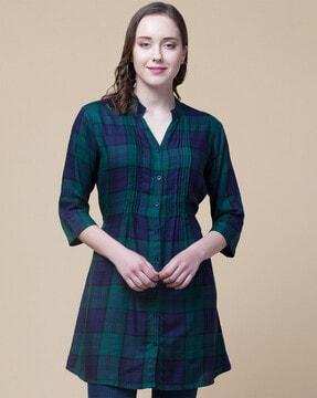 checked mandarin collar tunic