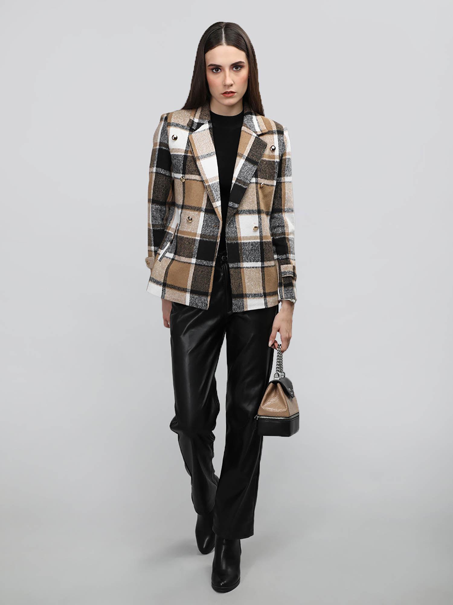 checked notched lapel collar double breasted woolen coat