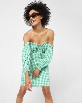 checked off-shoulder a-line dress