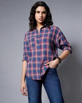 checked oversized shirt with curved hem