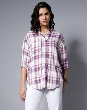checked oversized shirt with curved hem