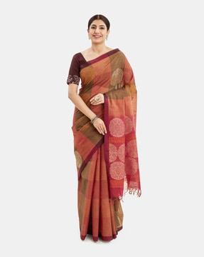 checked pattern cotton saree with tassels