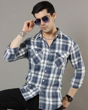 checked pattern shirt with flap pockets