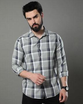 checked pattern shirt with spread collar