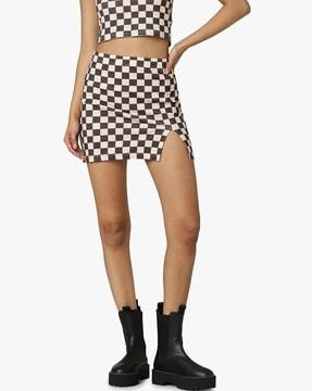 checked pencil skirt with elasticated waist