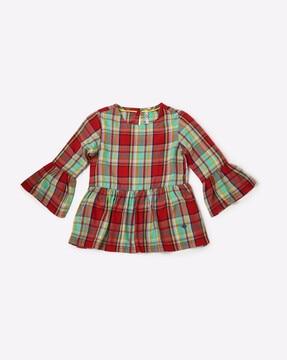 checked peplum top with bell sleeves