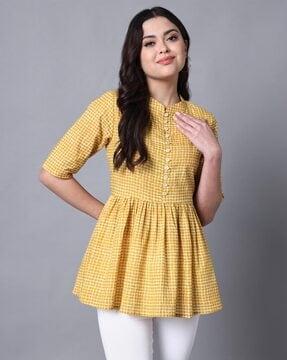 checked peplum top with mandarin collar