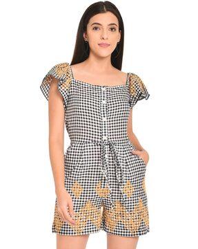 checked playsuit with waist tie-up