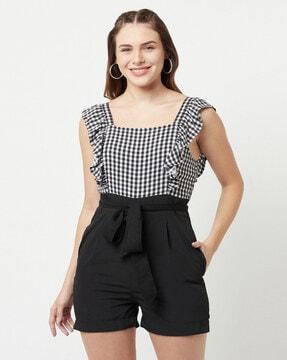 checked playsuit with waist tie-up