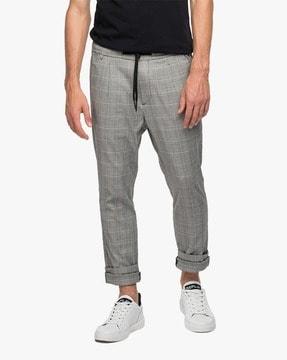 checked pleat-front smart slim trousers