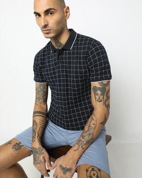 checked polo t-shirt with cut-away collar