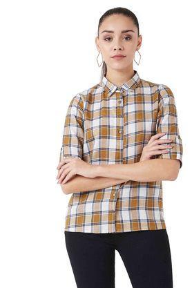 checked polyester round neck women's casual shirt - multi