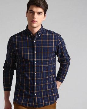 checked poplin button-down slim fit shirt