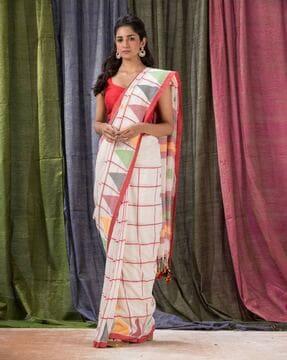 checked print cotton saree