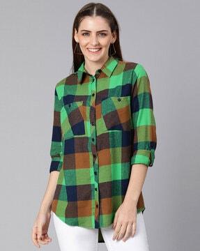 checked print double-pocket shirt