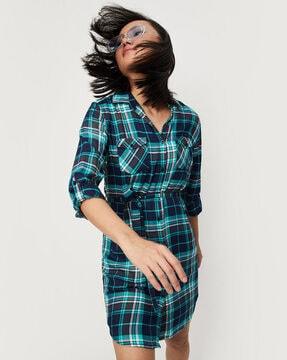 checked print tunic with waist tie-up