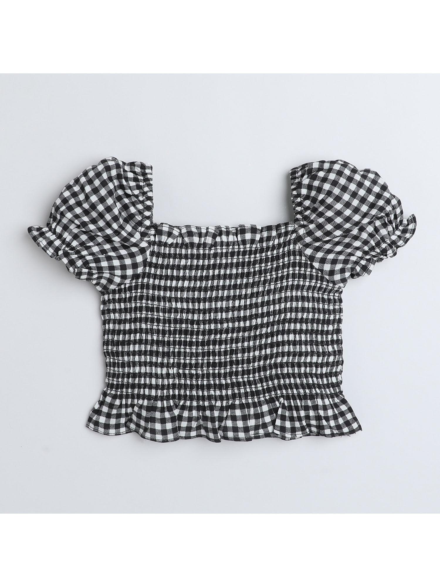 checked puff sleeves smoked crop top black and white