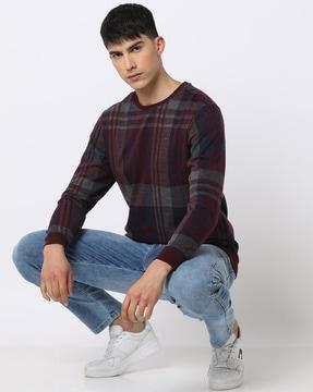 checked regular fit crew-neck sweatshirt