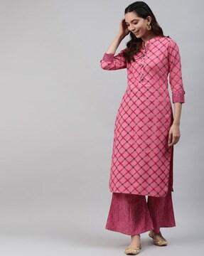 checked roll-up sleeves straight kurta set