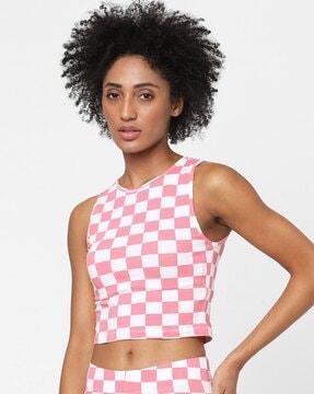 checked round-neck  top