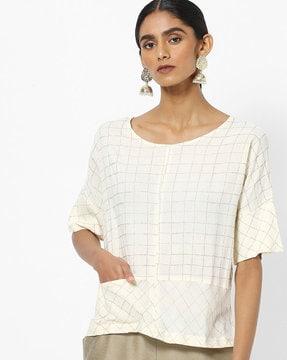 checked round-neck drop shoulder