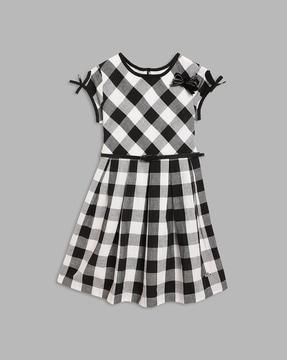checked round-neck fit and flare dress