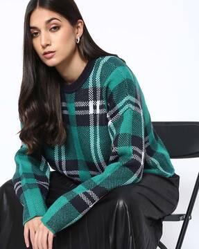 checked round-neck pullover