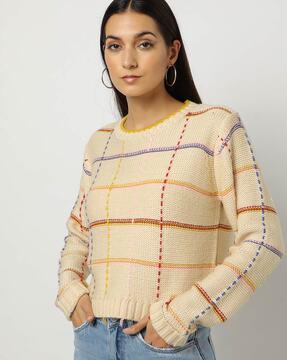 checked round-neck pullover