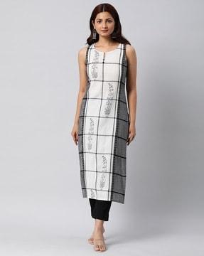 checked round-neck straight kurta