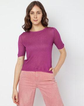 checked round-neck top