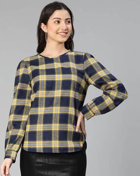 checked round-neck top