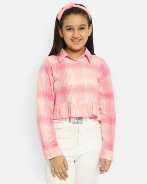 checked ruffled pure cotton shirt style top