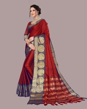 checked saree with contrast border & tassels