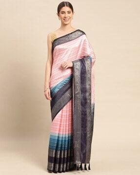 checked saree with contrast border & tassels