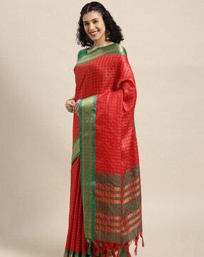 checked saree with contrast border & tassels